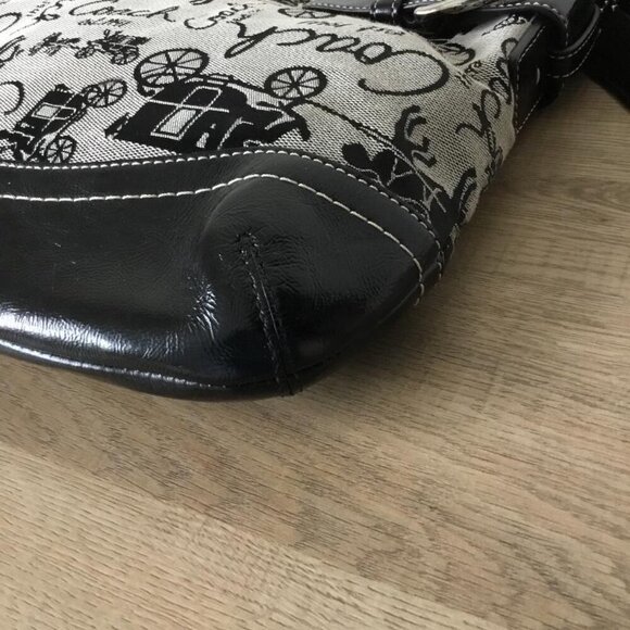Coach Signature Horse & Carriage Jacquard & Black Leather Shoulder Bag No. 14441 - Picture 2 of 11